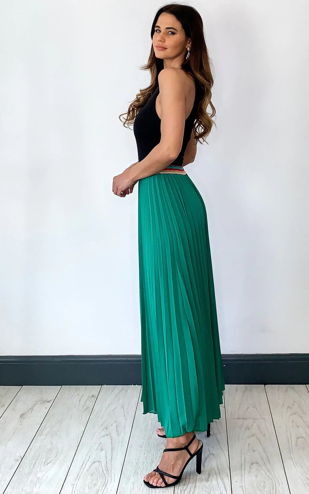 green form fitting prom dress Emerald Green Satin Acetate Pleated Maxi Skirt, 8 main image 0