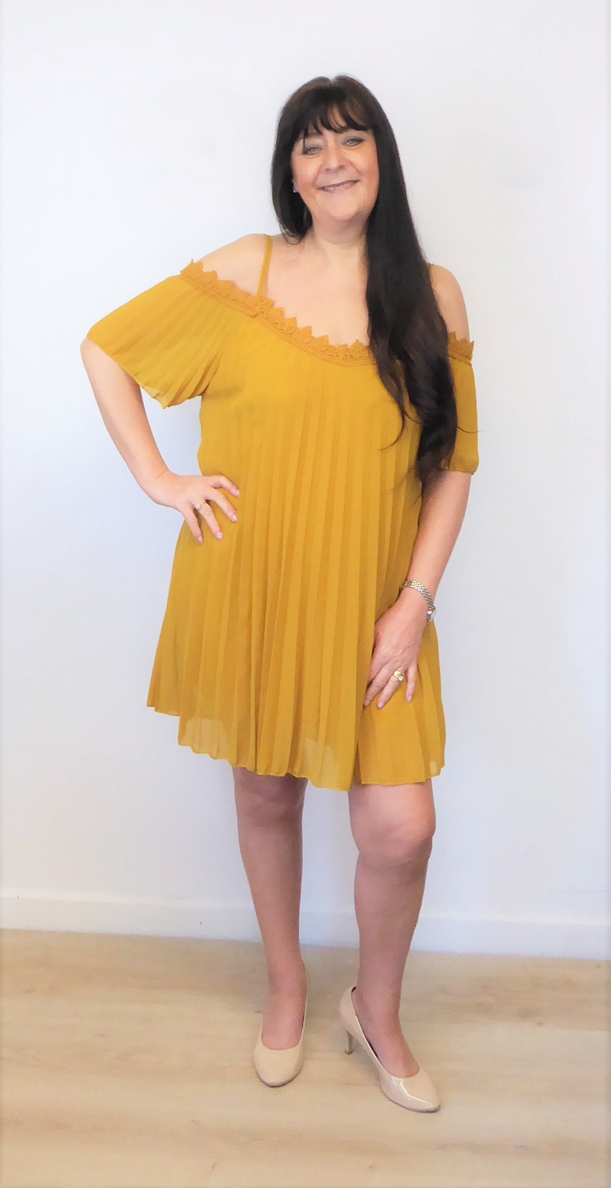 Mustard cold outlet shoulder dress