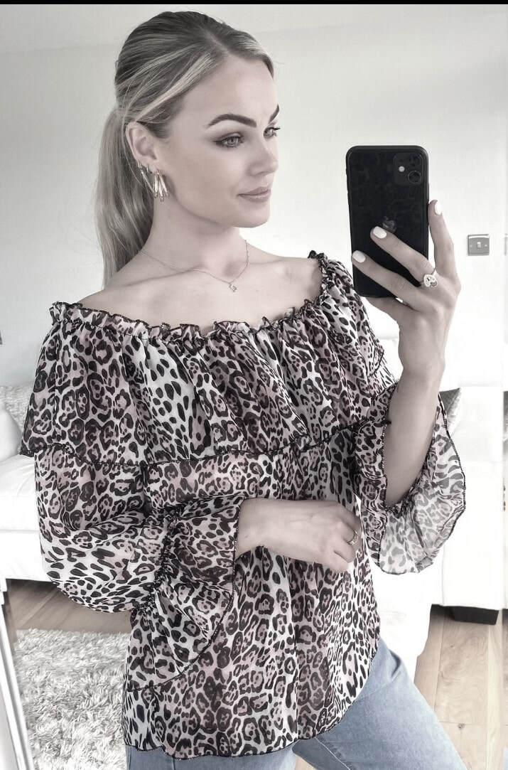 Black Bardot Animal Print Top